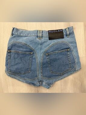 Mugler Two-Tone Blue Curved Panel Denim Shorts